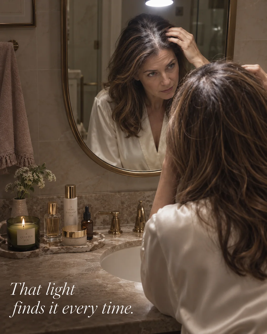 Woman checking her widening part under overhead bathroom lighting
