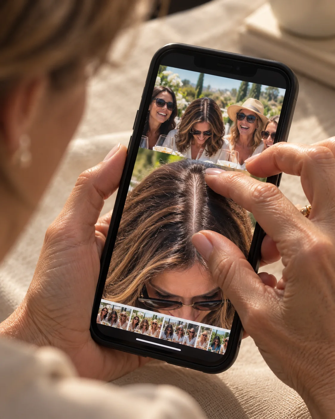 Woman zooming in on her visible part line in a group photo on her phone