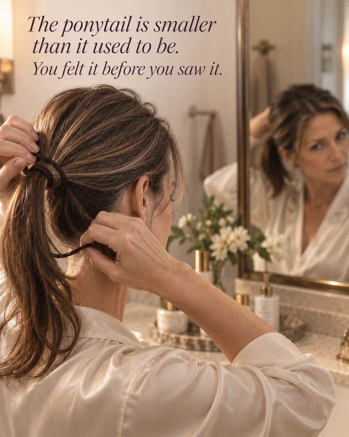 Woman noticing that her ponytail feels smaller than it used to
