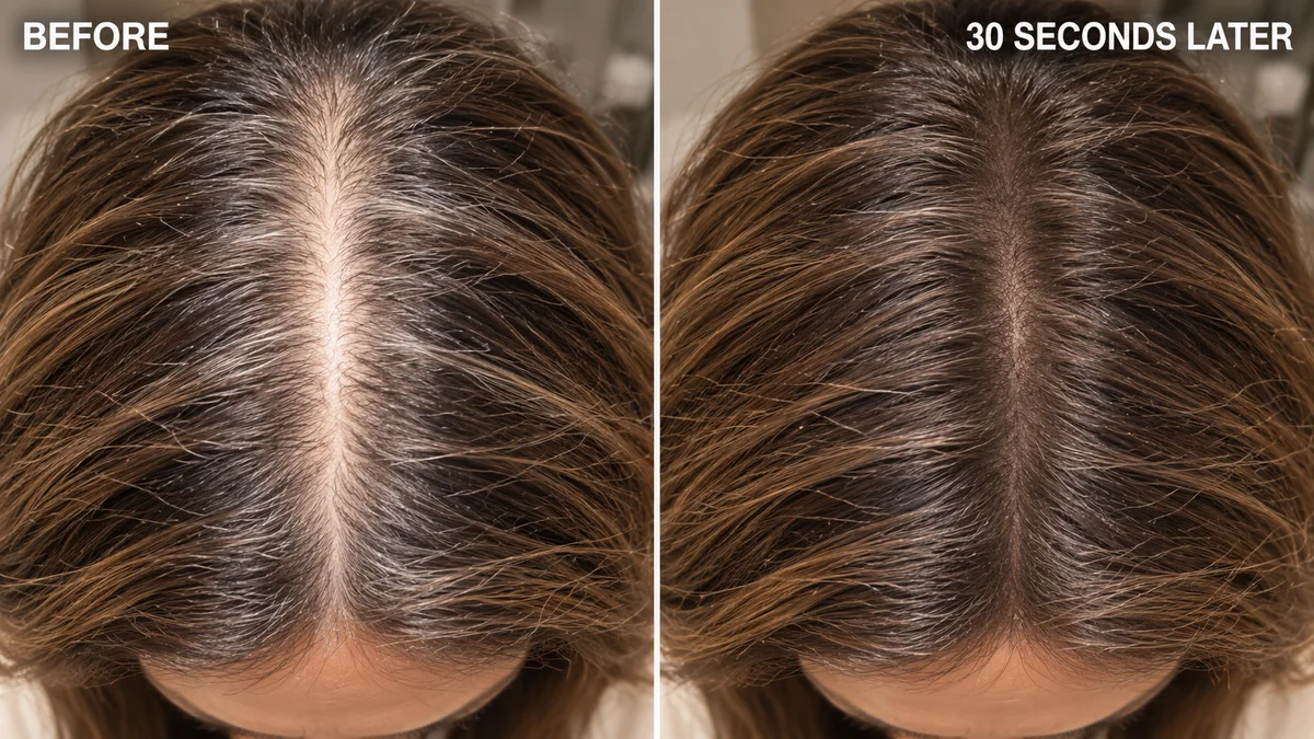 Before and after appearance of a widening part with temporary hair-fiber coverage after about 30 seconds