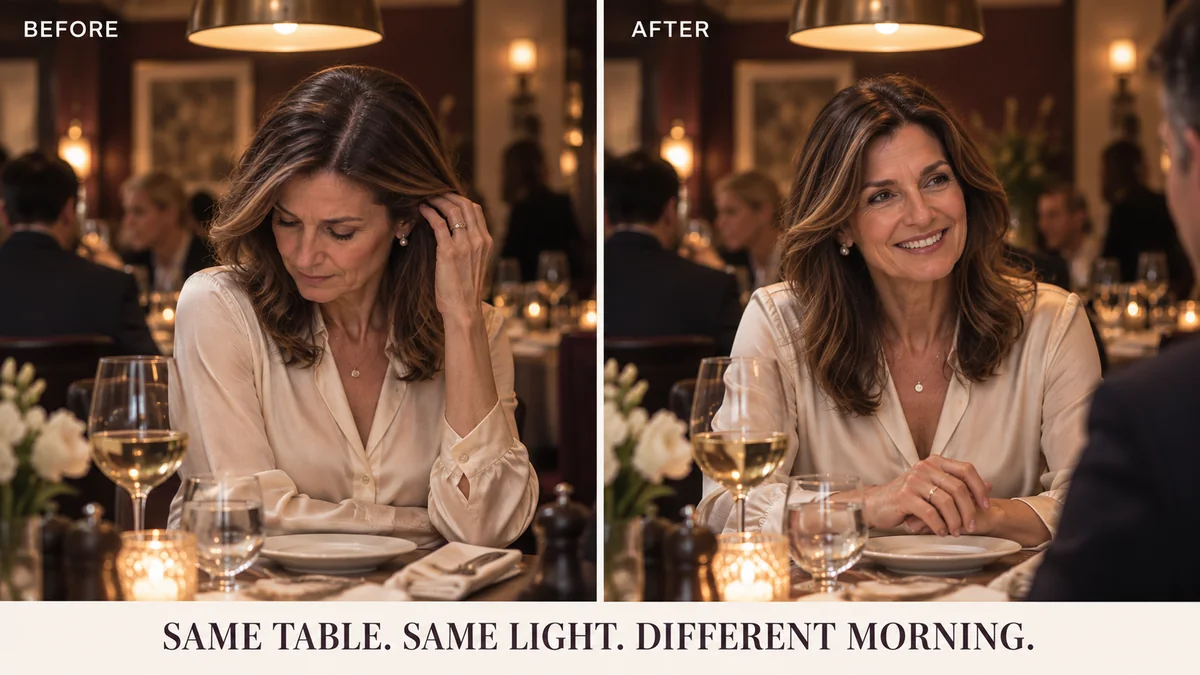 Before-and-after lifestyle comparison at the same restaurant table and lighting