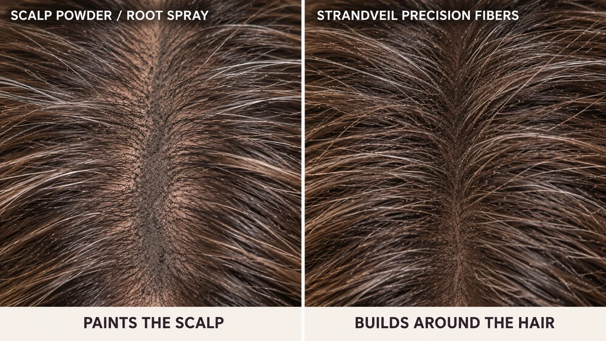 Comparison of scalp powder coverage versus StrandVeil precision fibers building around existing hair