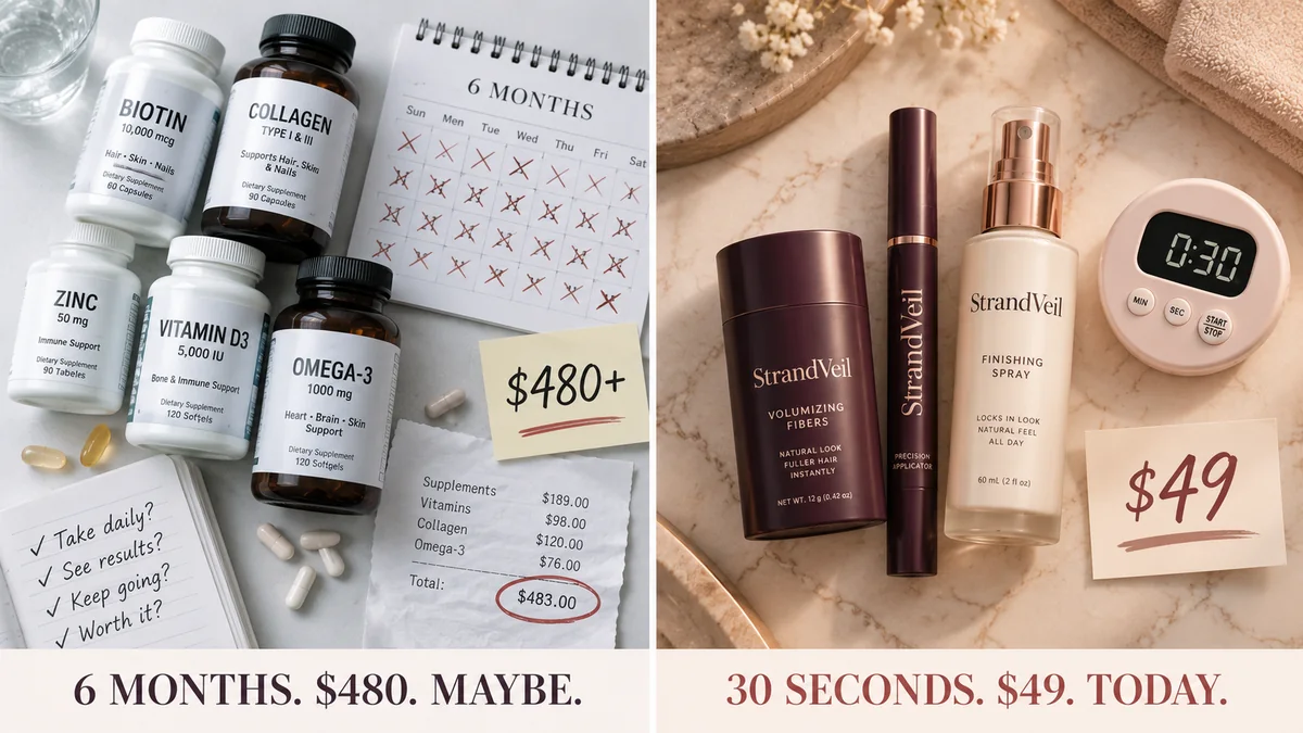 Comparison between months of supplement routines and StrandVeil immediate cosmetic hair-coverage option