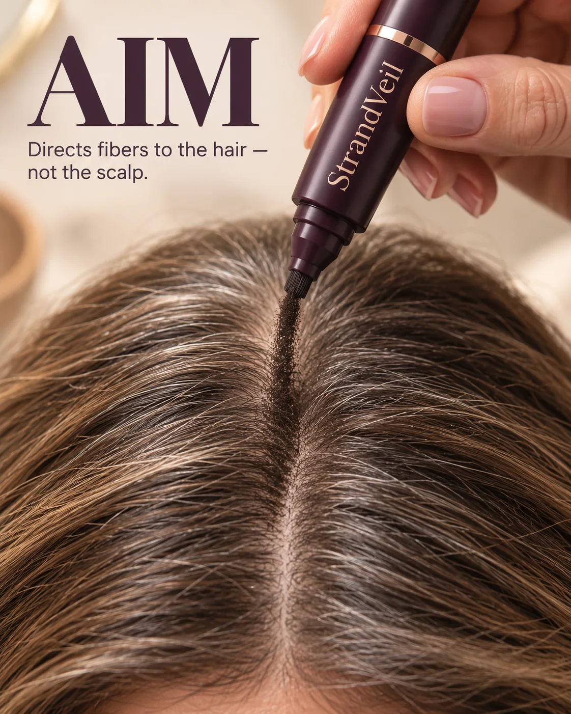 StrandVeil precision applicator directing hair fibers toward existing hair along the part