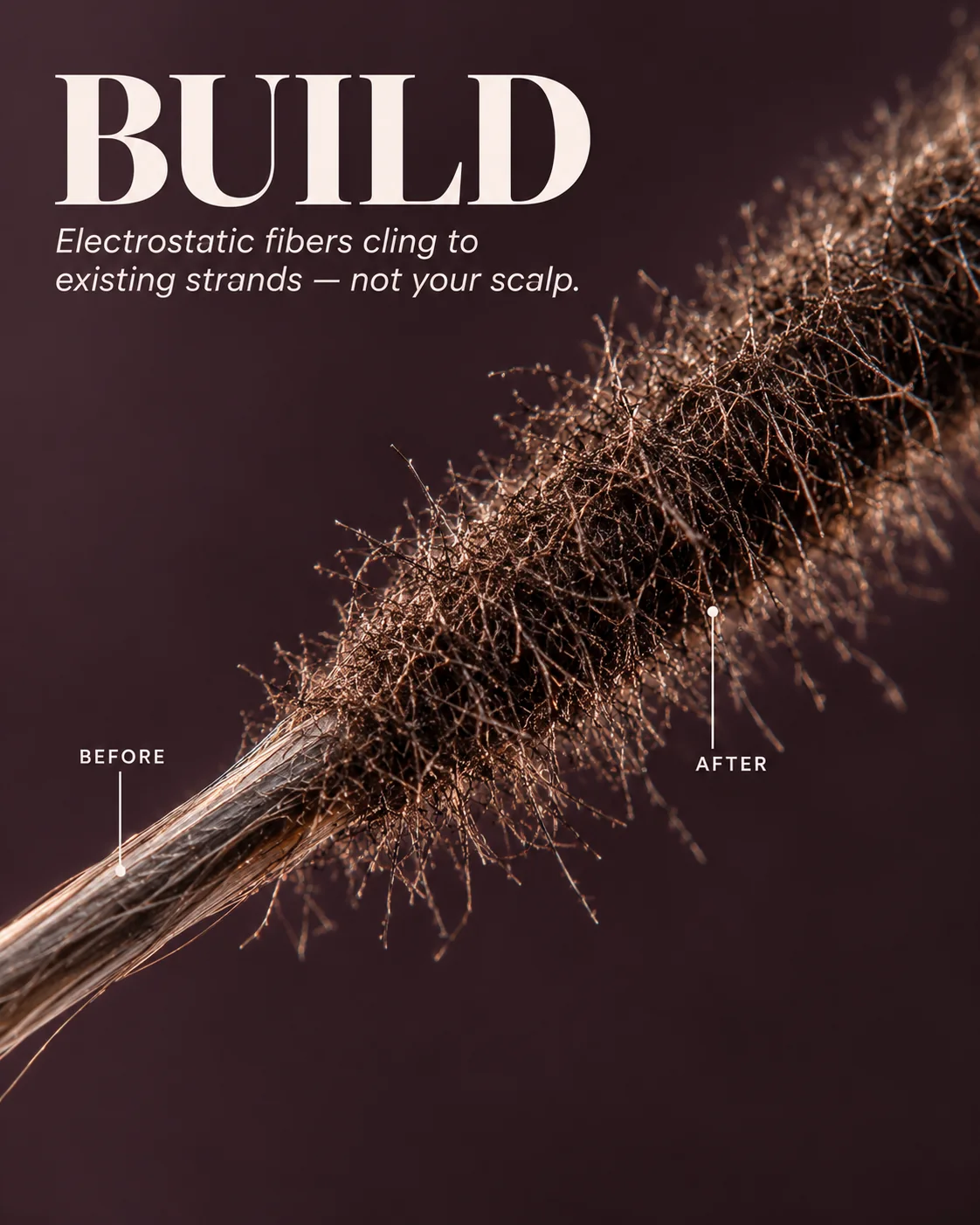 Macro illustration of hair-building fibers collecting around an existing hair strand