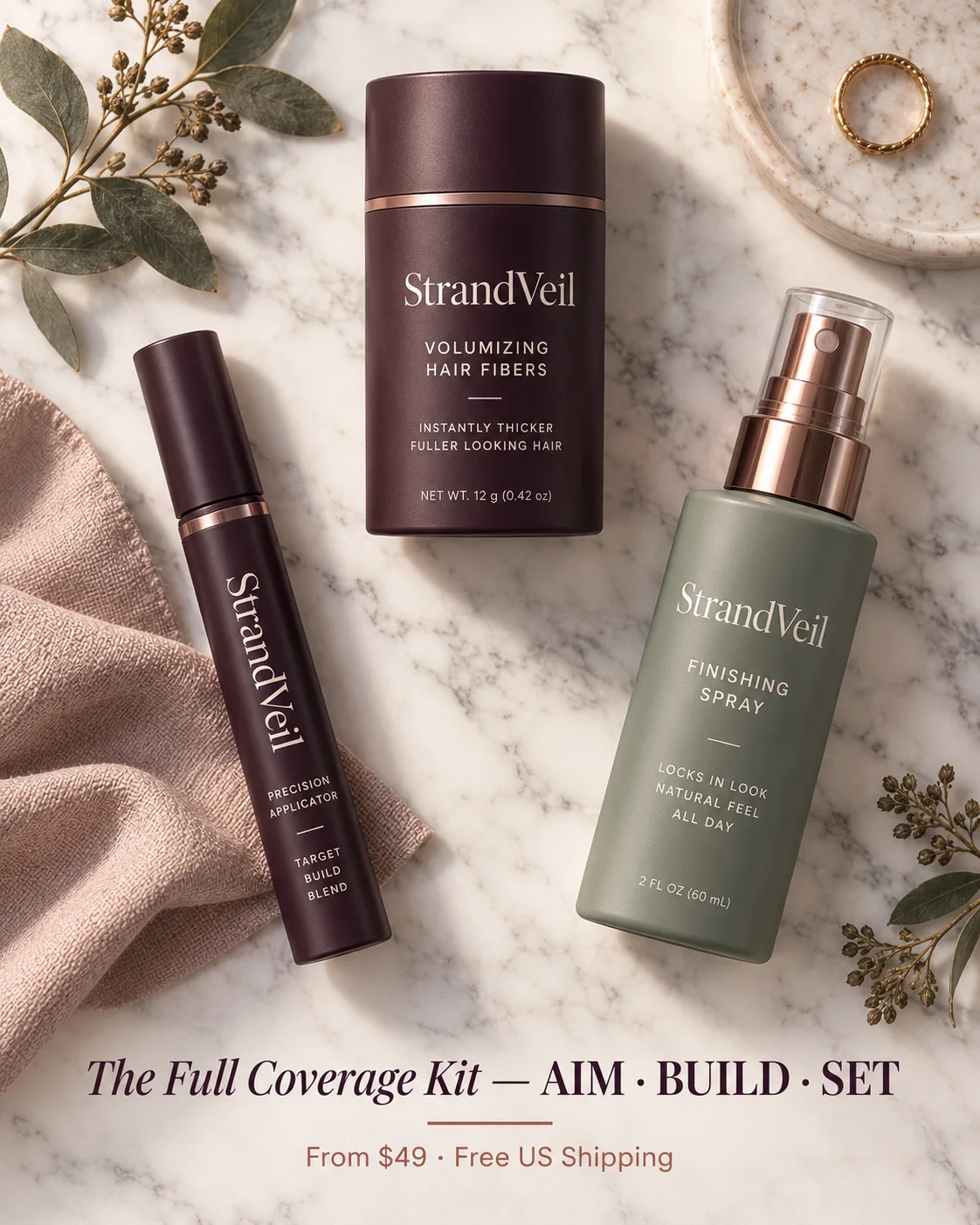 StrandVeil Full Coverage Kit with hair fibers, precision applicator, and finishing spray