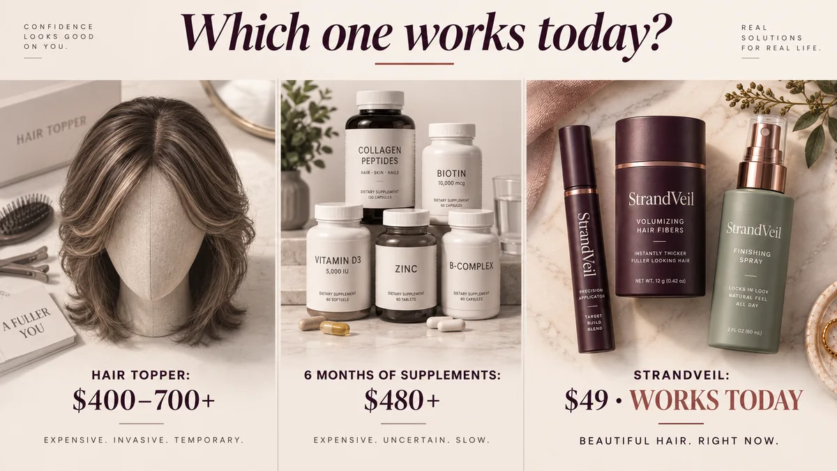 Comparison of hair toppers, long-term hair routines, and StrandVeil temporary cosmetic coverage