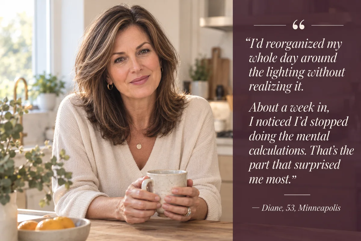 Woman describing the relief of no longer planning her day around lighting