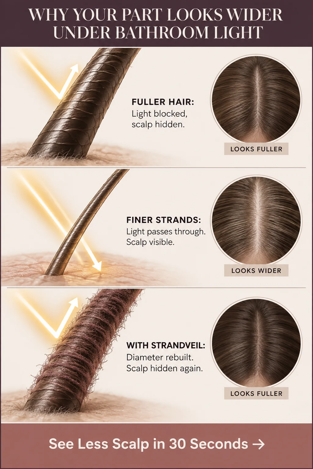 Diagram showing how finer hair increases visible scalp contrast and how StrandVeil fibers create a fuller-looking appearance