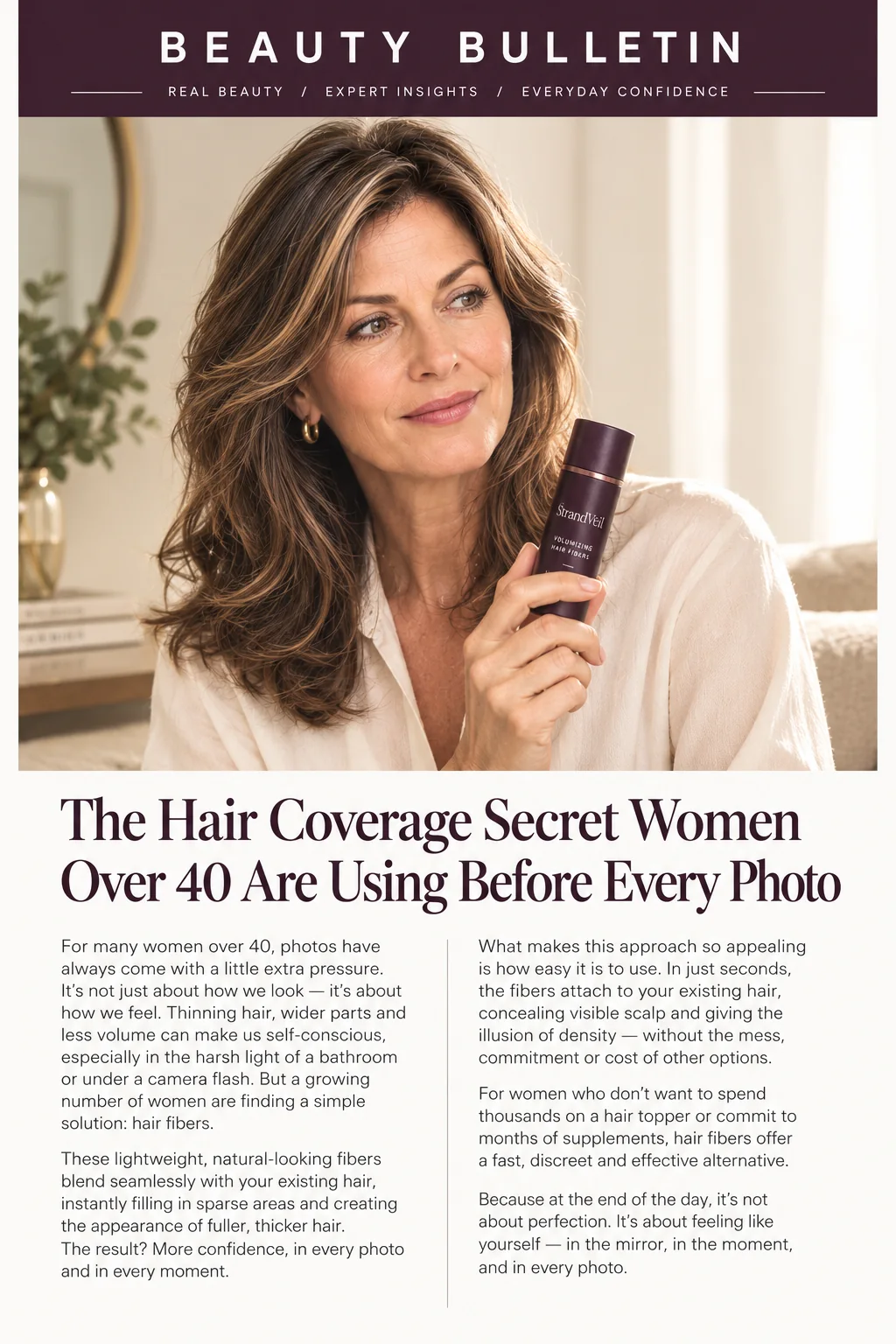 StrandVeil editorial guide explaining temporary hair-fiber coverage for women over 40