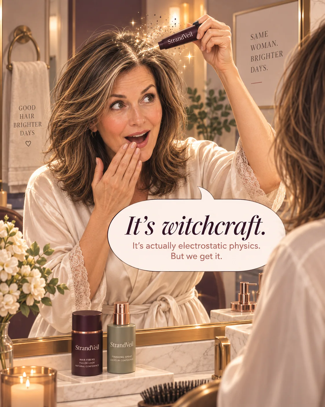 Woman applying StrandVeil hair fibers while illustrating the electrostatic attraction principle