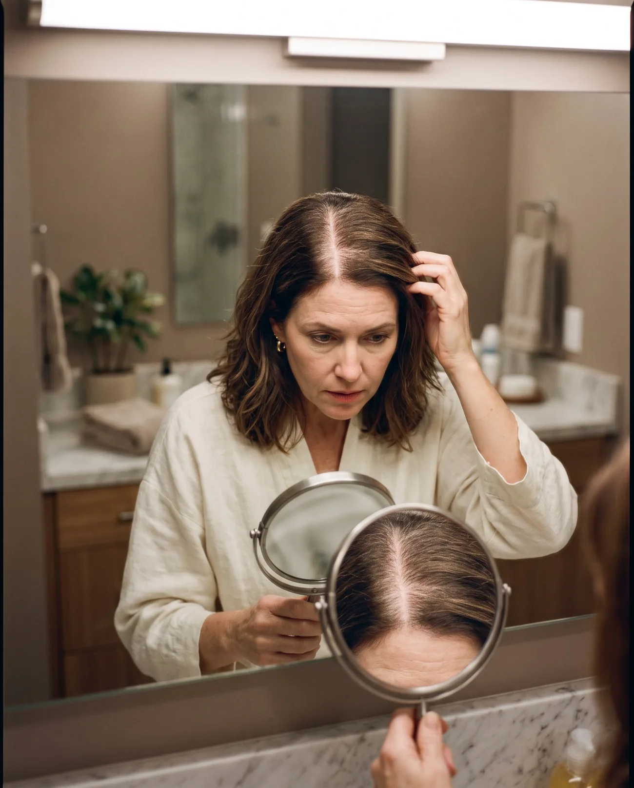 Woman examining a widening part in a bathroom mirror under overhead lighting