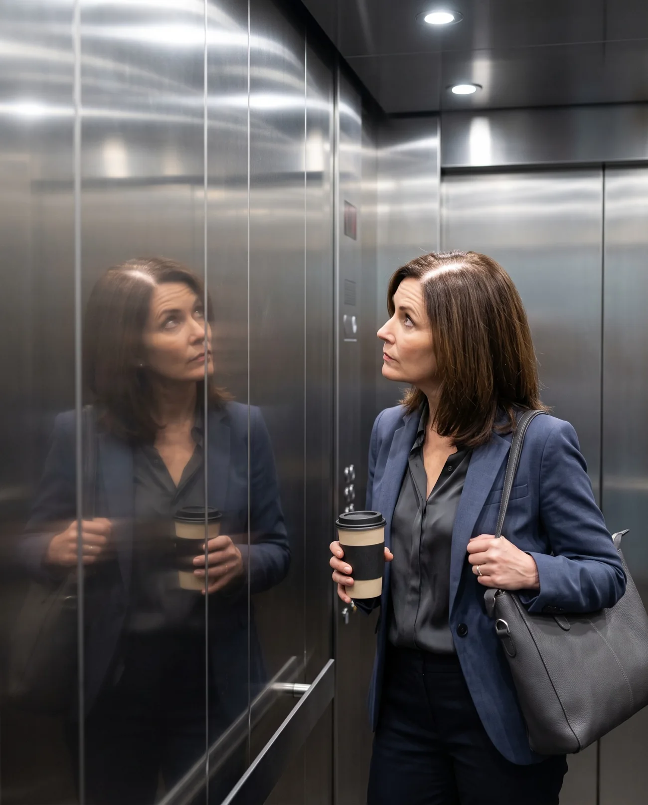Woman checking overhead lighting in an elevator mirror