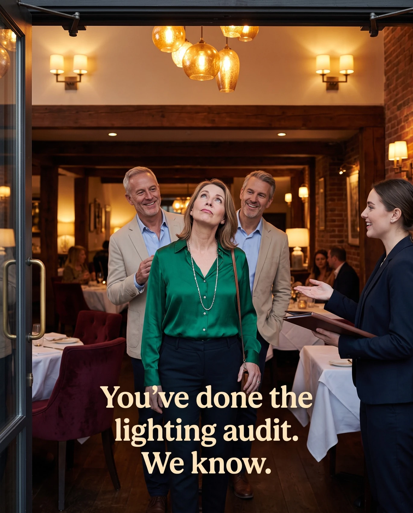 Woman auditing restaurant lighting before choosing a seat
