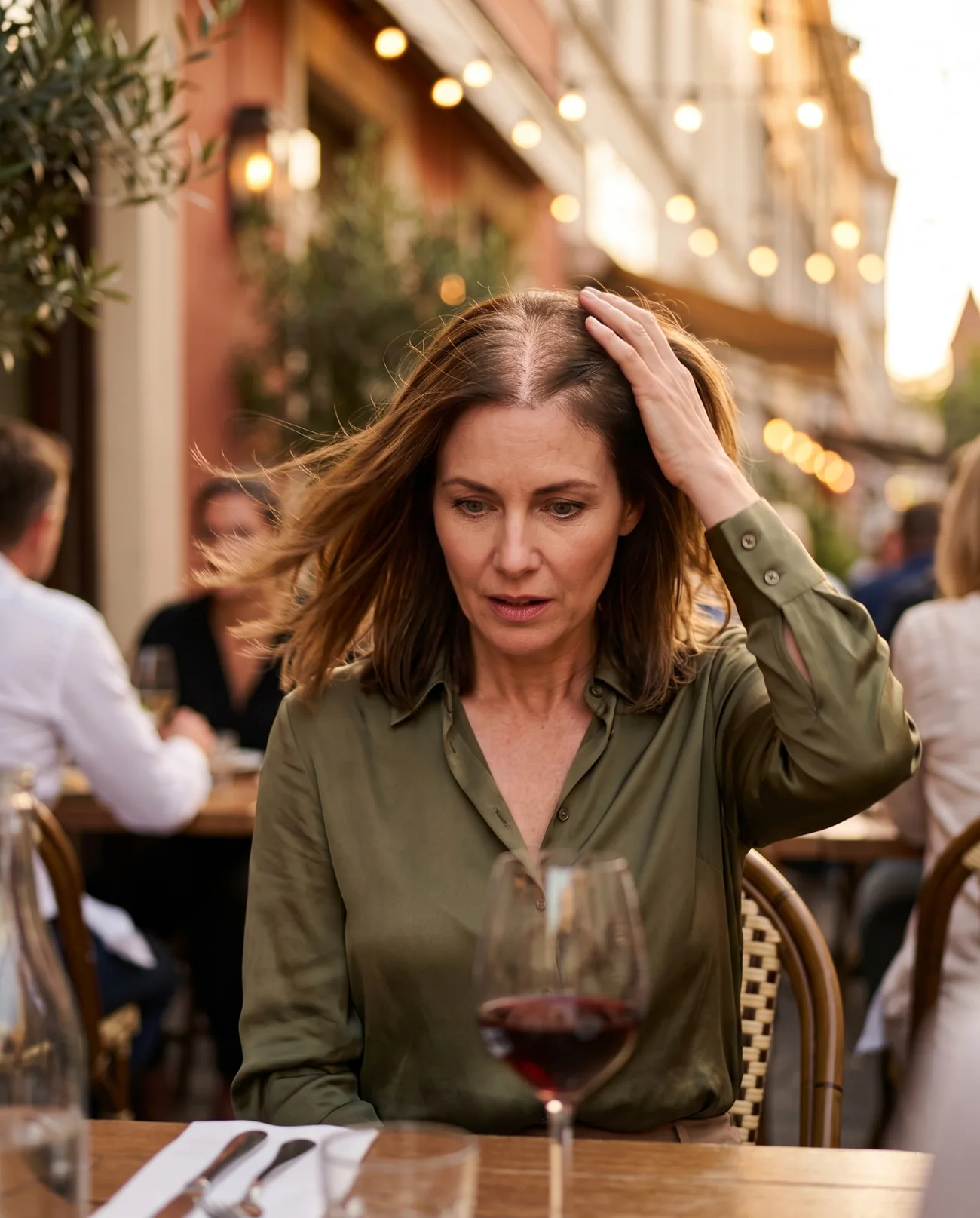 Woman at a restaurant touching her hair under visible overhead lighting