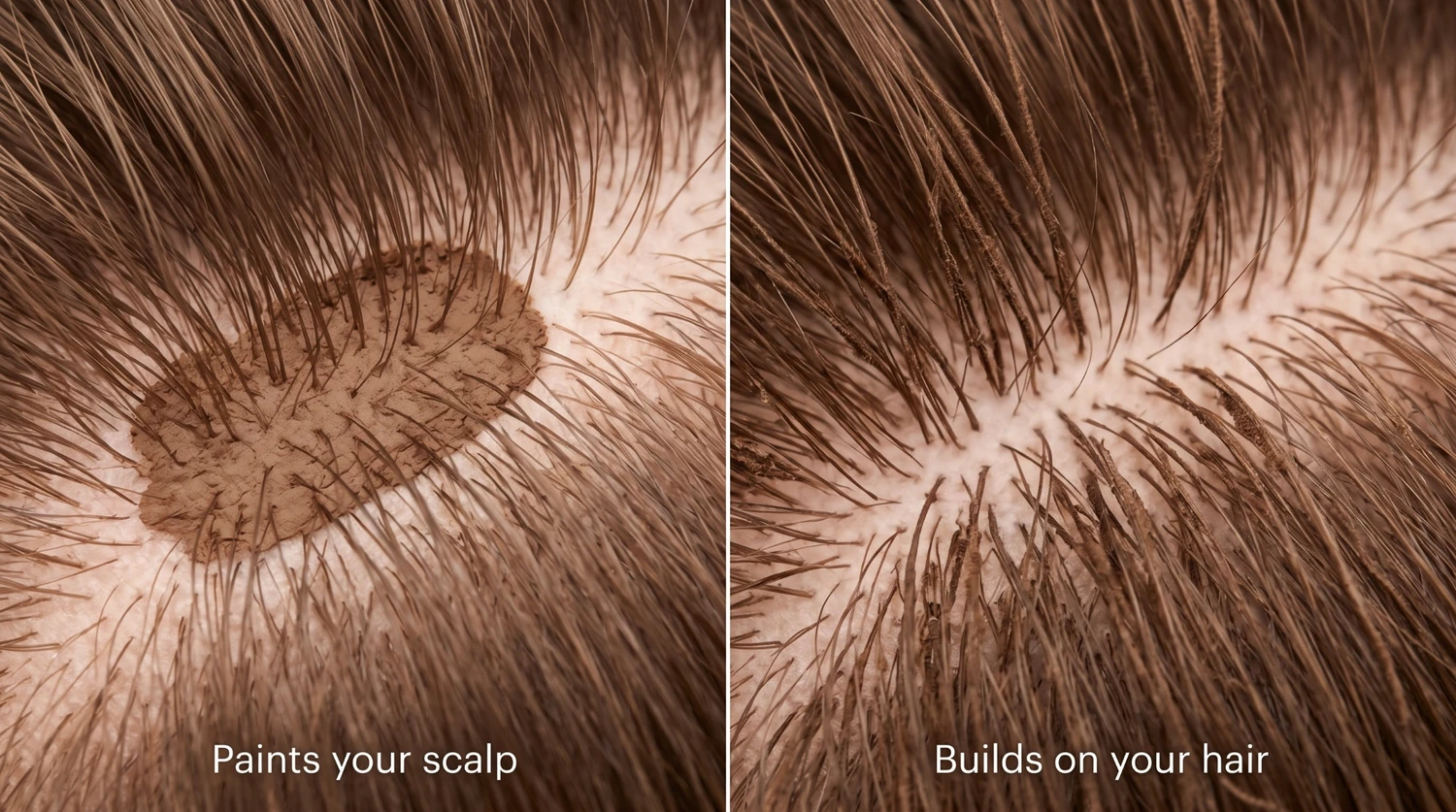 Comparison of scalp-painted coverage and fibers building around existing hair