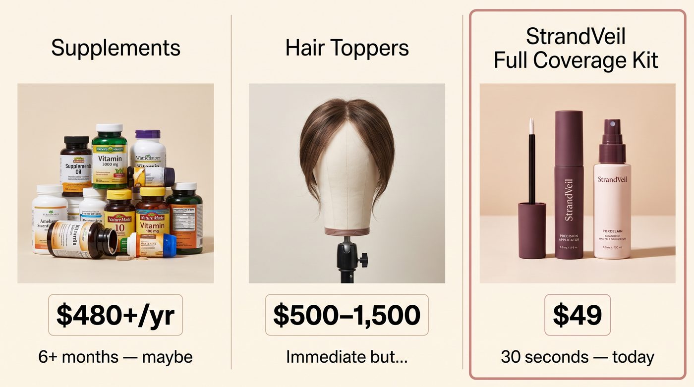 Three ways to deal with thinning hair: supplements, hair toppers, and StrandVeil